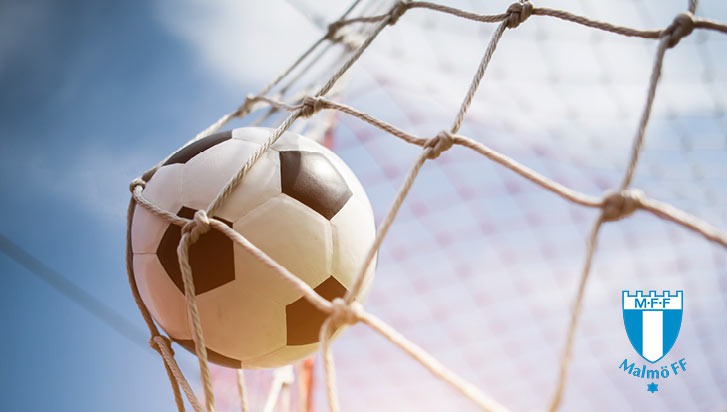 Bild med fotboll i mål samt MFFs logotyp