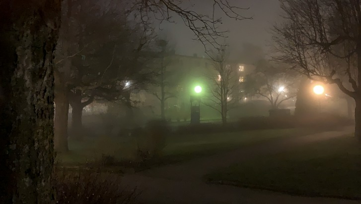 Park med gångväg i dimma och mörker