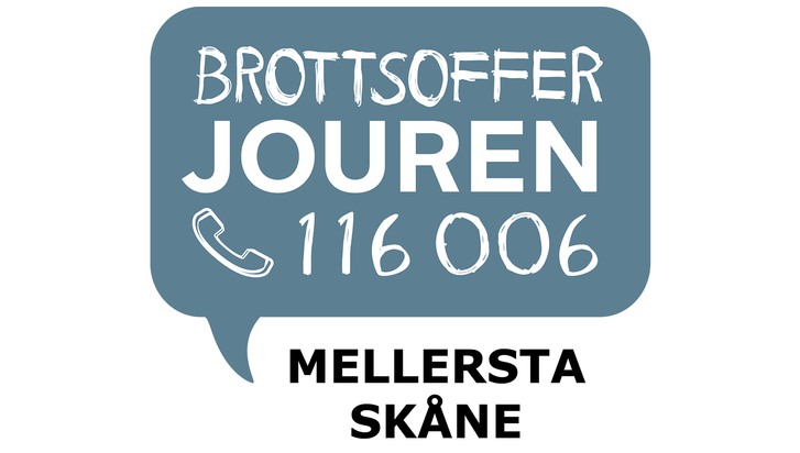 Pratbubbla där det står Brottsofferjouren Mellersta Skåne och telefonnummer 116 006