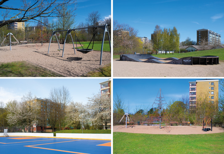 Fyra bilder i kollage som visar vad som finns på lekplatsen men även parken intill, gunga, pumptracks, basketplan och lekplatsen i helhet