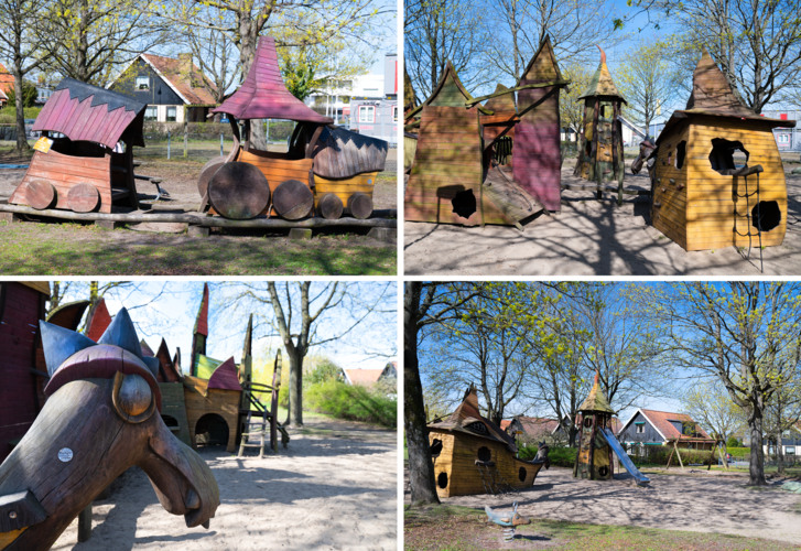 Kollage som visar Häxgläntans lekplats med tåg,drake och småhus med häxhattar.