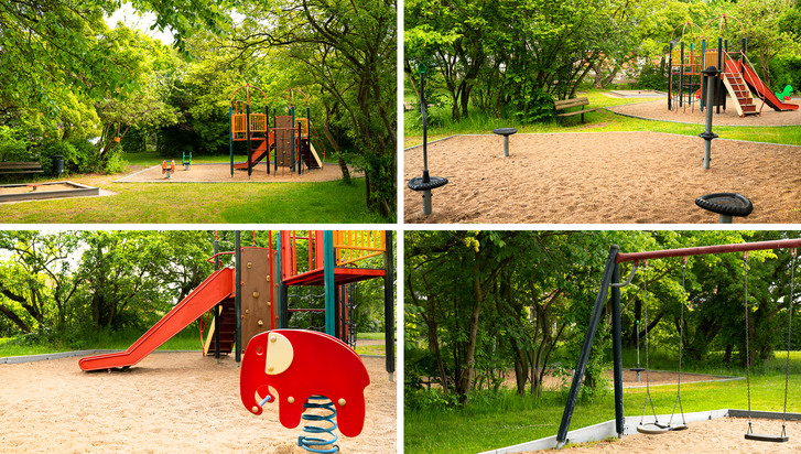 Kollage som visar Gröningens lekplats i fyra bilder, rutschbana, gungdjur, gungor med skog runtomkring