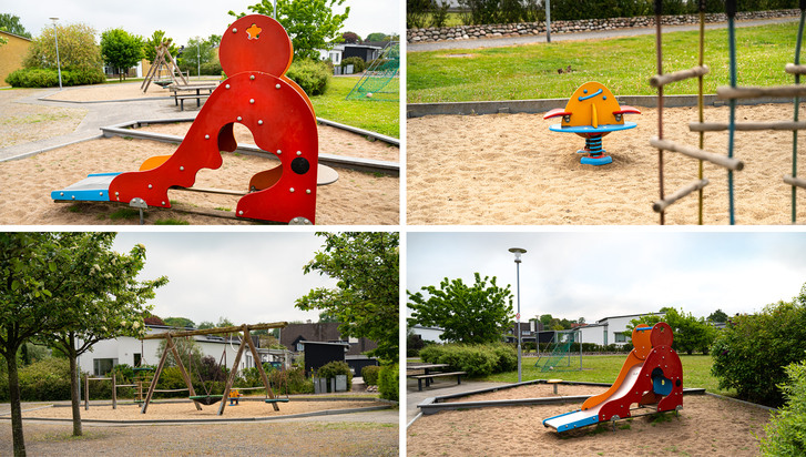 Kollage som visar Tvättmästarens lekplats i fyra bilder, rutschbana, gungdjur och gungor med sand som underlag