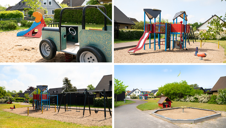 Kollage som visar fyra bilder av Jeepens lekplats, med bild på en bil, rutschbana, gungor och sandlåda