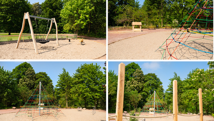 Kollage som visar fyra bilder av Svanens lekplats med bild på gunga, färgglatt klätternät och balanshinderbana