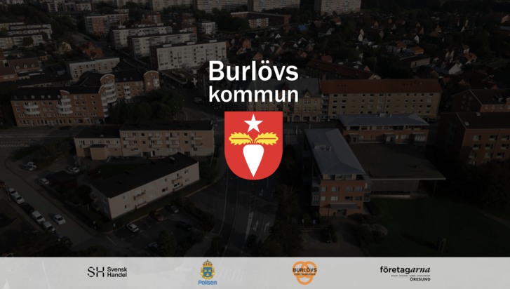 Burlövs kommuns logotyp över ett flytfoto över kommunen, nederst i bild logotyper från Svensk handel, Polisen, Burlövs företagargrupp och Företagarna Öresund
