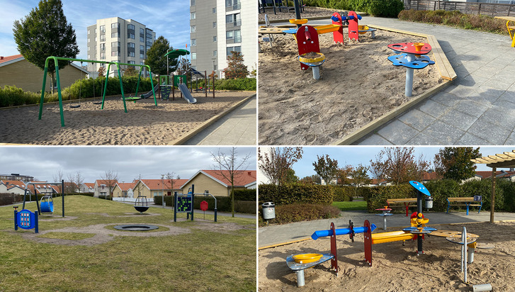 Kollage i fyra bilder som visar Sandhagens lekplats, med gungor, vattenlek och sandlådor