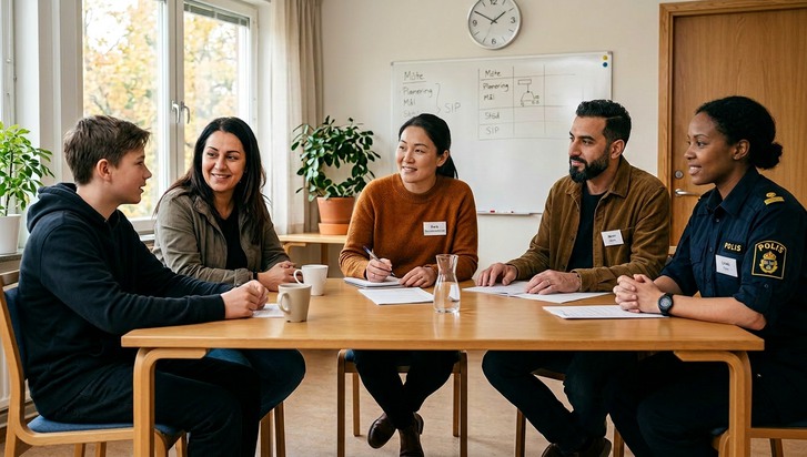 En grupp människor som sitter runt ett träbord.