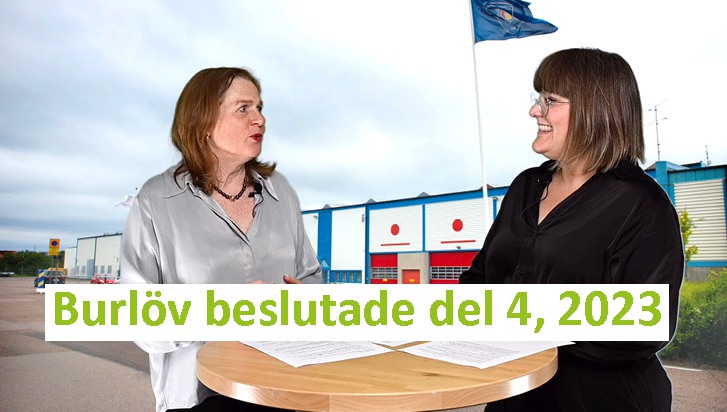 Två kvinnor som pratar och skrattar, med texten: "Burlöv beslutade del 4, 2023"