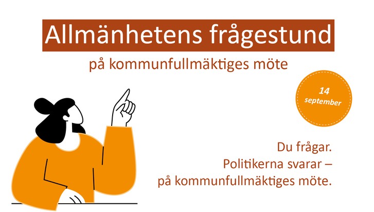 En orange och vit affisch med en kvinna som pekar på något.