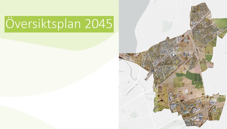 Flygfoto över Burlövs kommun samt texten:"Översiktsplan 2045"