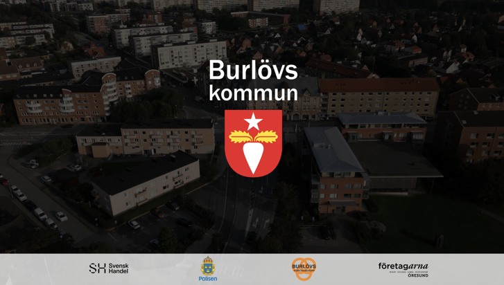 Burlövs kommuns logotype över en flygbild av del av kommunen. 