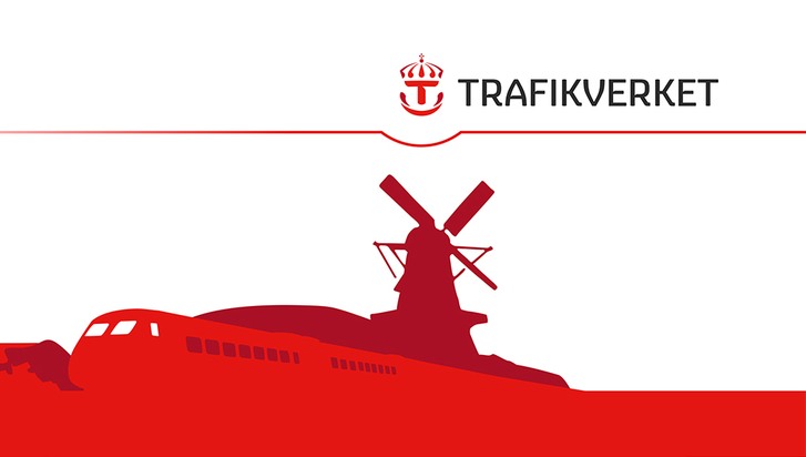 Trafikverkets logotyp, grafiks illustration av ett tåg och en mölla samt en webbadress