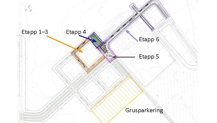 Ritad karta över Kronetorp med olika arbetsetapper utsatta.