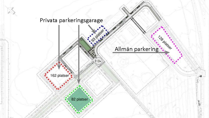Ritning över Kronetorpsområdet med parkeringsplatserna markerade, samt hur många p-platser som finns på varje.
